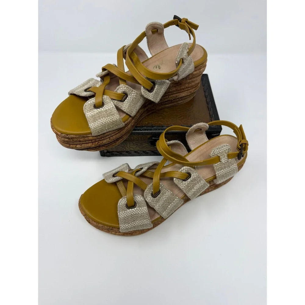 Free People Mustard Yellow Leather Cork Platform Wedge Sandals Made in Spain 6.5